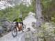 A MTB rider blows up some dirt in a steep line between rocks and trees